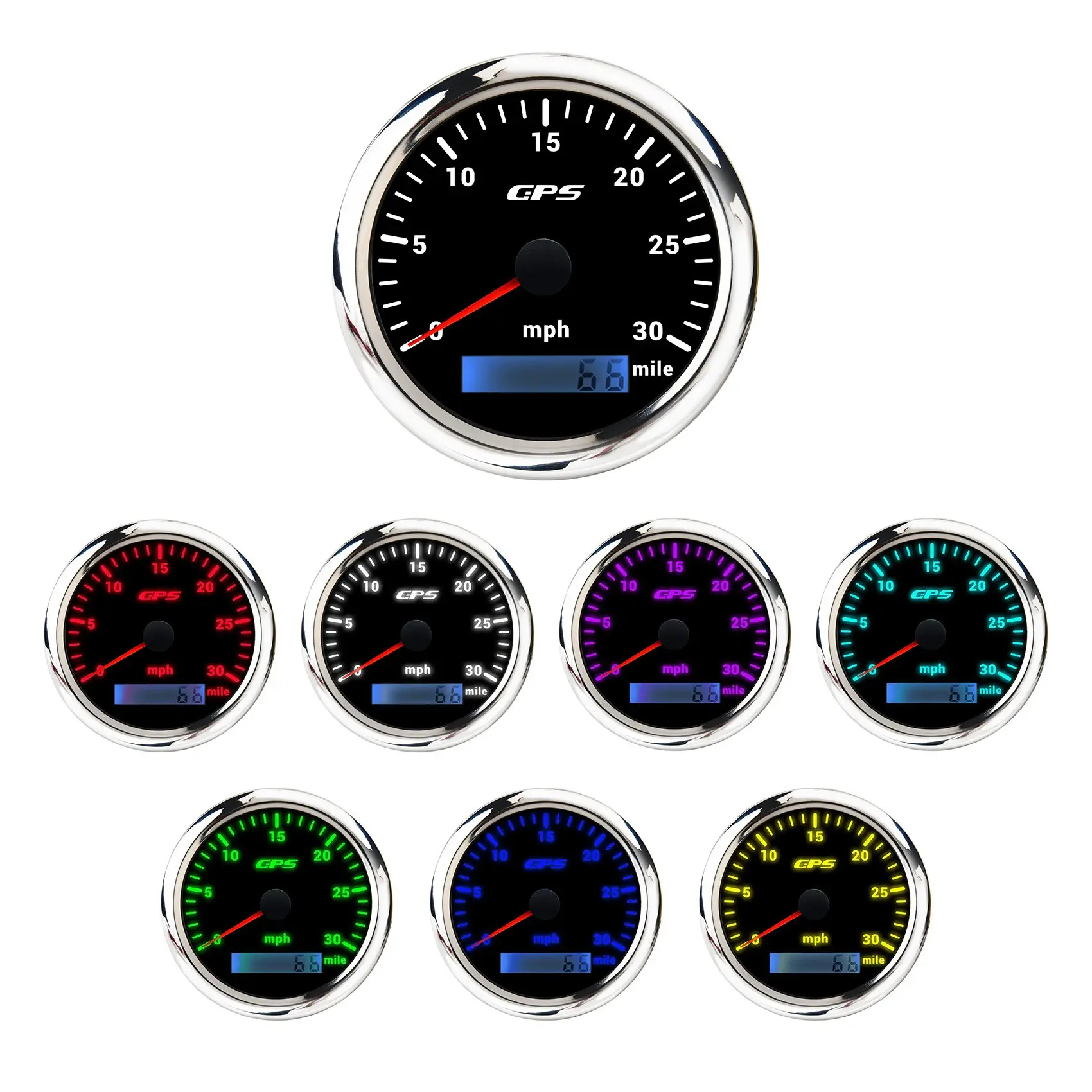

85MM GPS Marine Speedometer 0-30/Mile Tachometer with 7-Color Backlight Odometer for Boats Yachts Marine Silver + Black