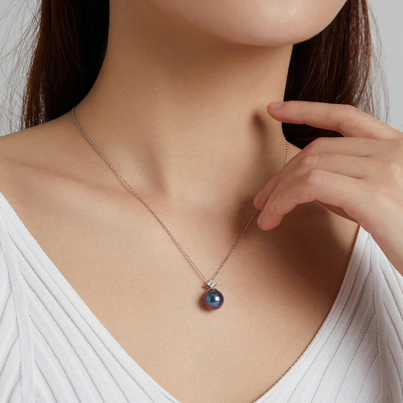bamoer 925 Sterling Silver Elegant Black Pearl Charm Necklace Shell Pearl Zircon Chain Necklace for Women Fine Jewelry BSN226