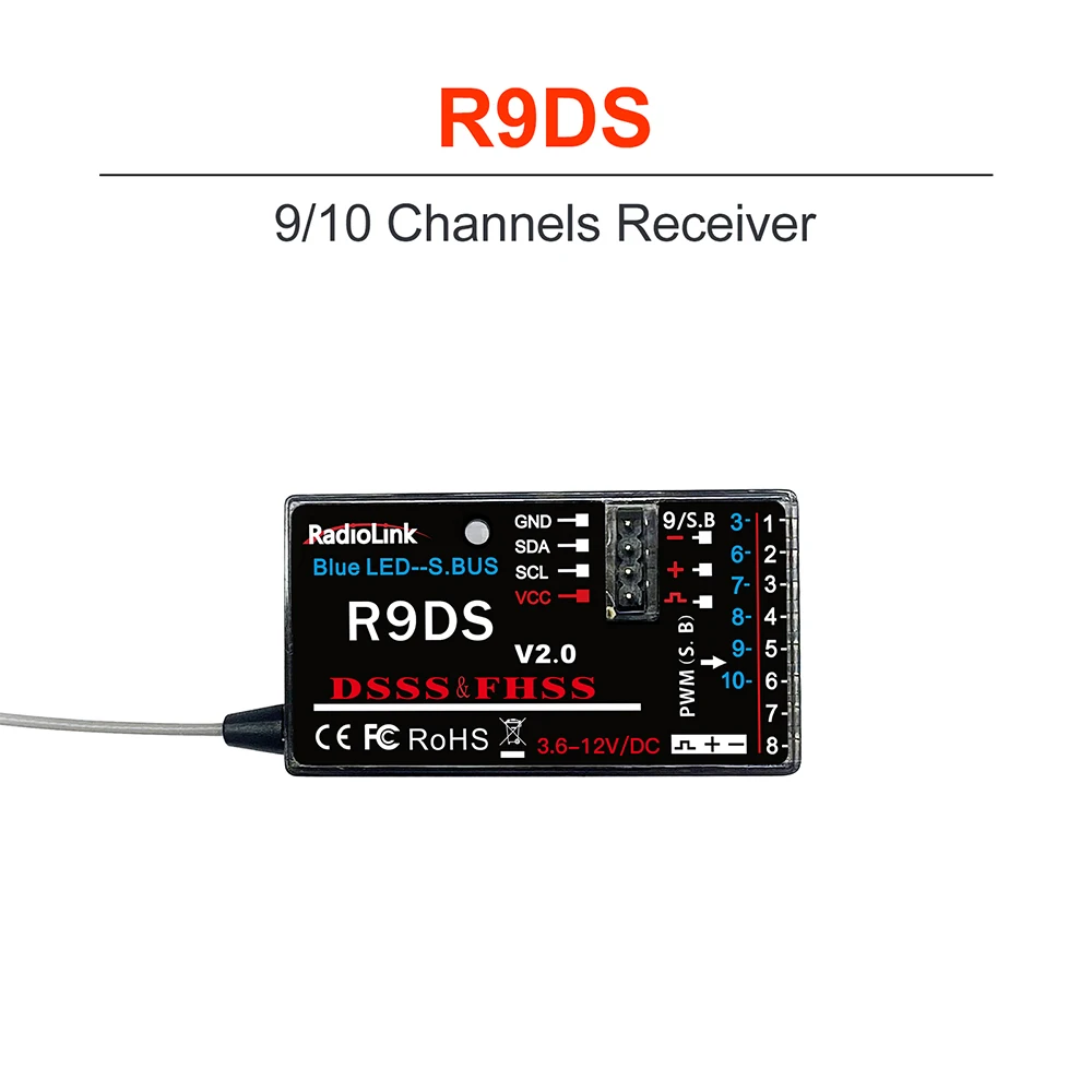 Ensemble de récepteurs RadioLink R6DS, R9DS et R12DS, comparant tailles et configurations.