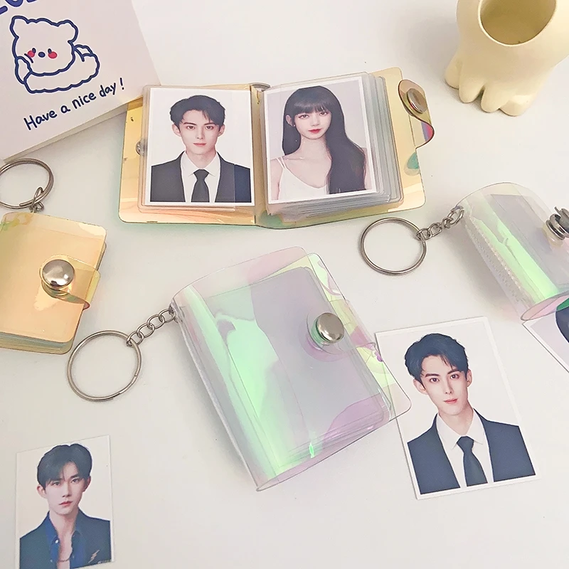2 Inch Mini Photo Albums PVC Laser Cover Idol ID Photo Collection Book Kpop Photocard Holder with Keychain Bag Pendants card storage box