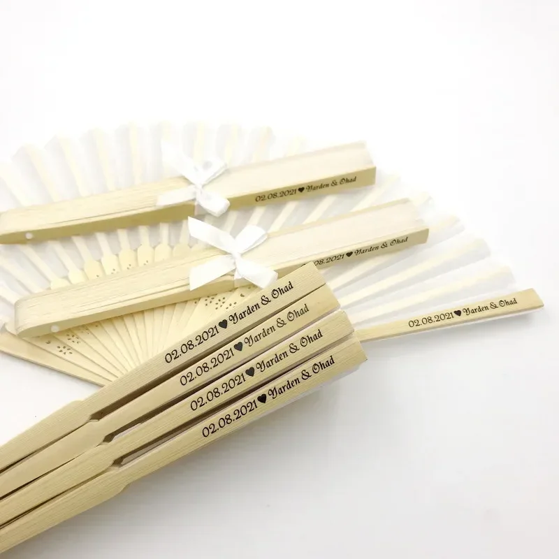 Personalized wedding silk fabric fan-shaped ties custom printed name date manually folded fan-shaped 10/30/40/70 pieces