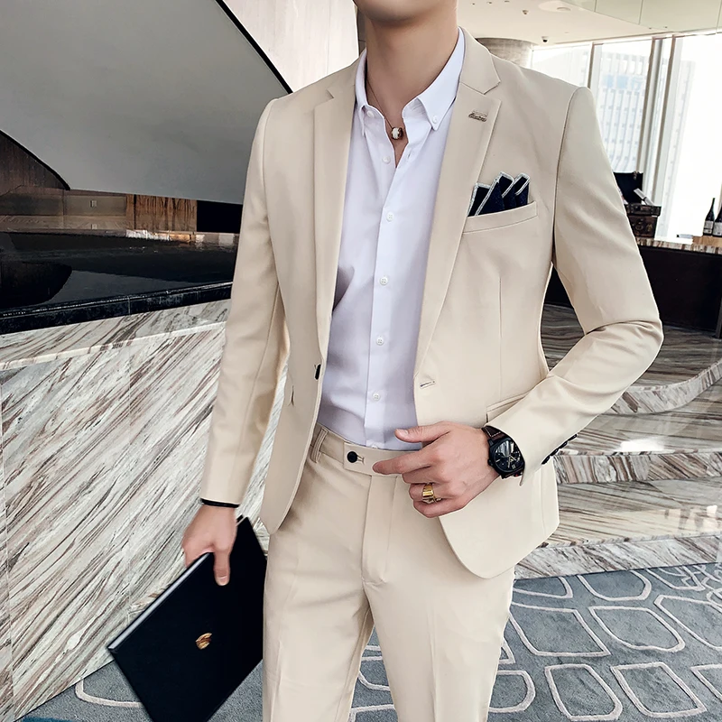 Blazer + Pants High-end Brand Solid Color and Plaid Mens Formal Business Slim Suit 2 Piece Set Groom Wedding Dress Party Stage formal suit business men clothing