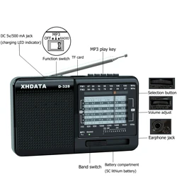 XHDATA D-328 Portable Radio AM FM SW 12 Bands Pocket Radio with DSP/MP3 Music Player and TF Card Slot USB Mini FM Radio Receiver