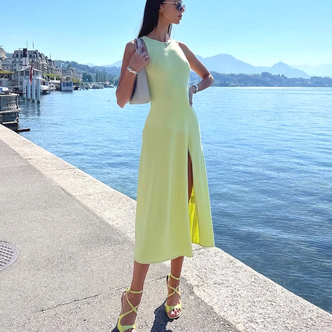 Summer New Sleelvess Slim Bodycon Dress Women Casual High Split Out Solid Holiday Beach Sundress White Tank Dresses 2025