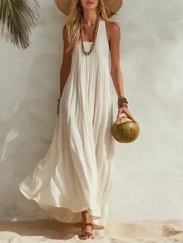 2026 New Summer Wide Strap Dress Solid Color Casual Loose Versatile Simple Fashion Comfortable Seaside Vacation Style Vestidos 1
