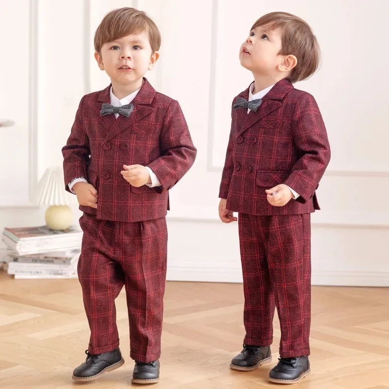 

Children's Formal Plaid Dress Suit Set Boy Birthday Party Wedding Cosutme Kids Double Breasted Blazer Vest Pants Clothing Set