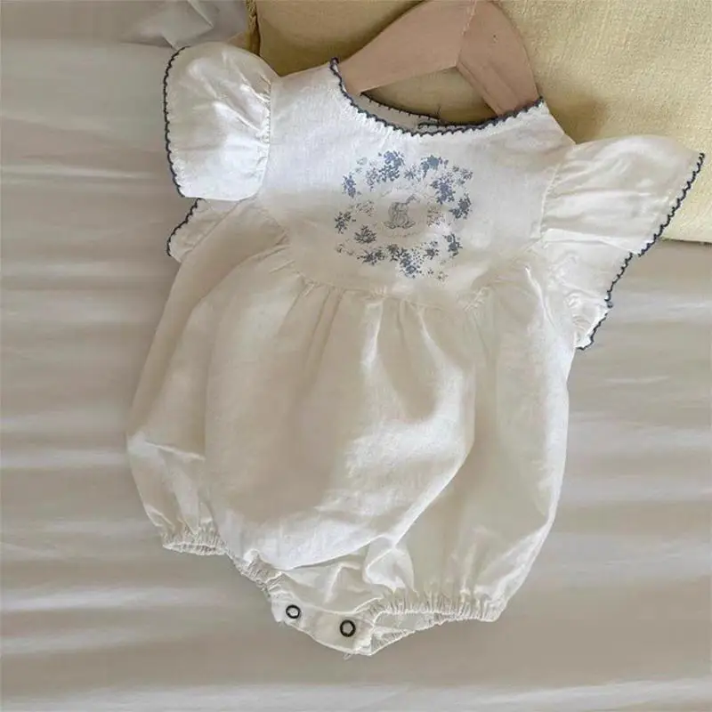 

Summer Girl Baby Ins Embroidery Flower Thin Fly Sleeve Bodysuit Newborn Cotton Simple Casual Loose Sleeveless Onesie Kid Costume