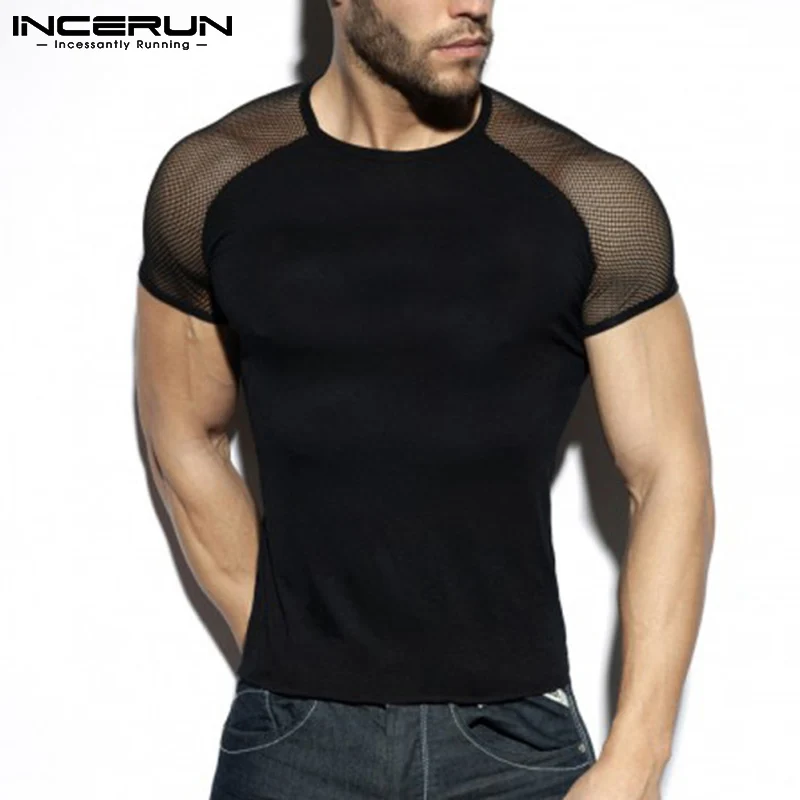 

Fashion Men T Shirt Mesh Patchwork Streetwear Crew Neck 2023 Short Sleeve Casual Tee Tops Sexy Breathable Camisetas 5XL INCERUN