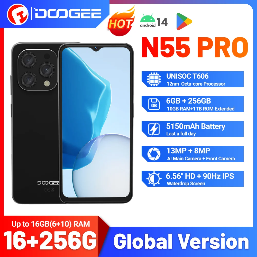 

Newest DOOGEE N55 Pro Smartphone 6GB RAM + 256GB ROM 6.56" 90Hz IPS 5150mAh Battery Android 14 Face Unlock Widevine L1