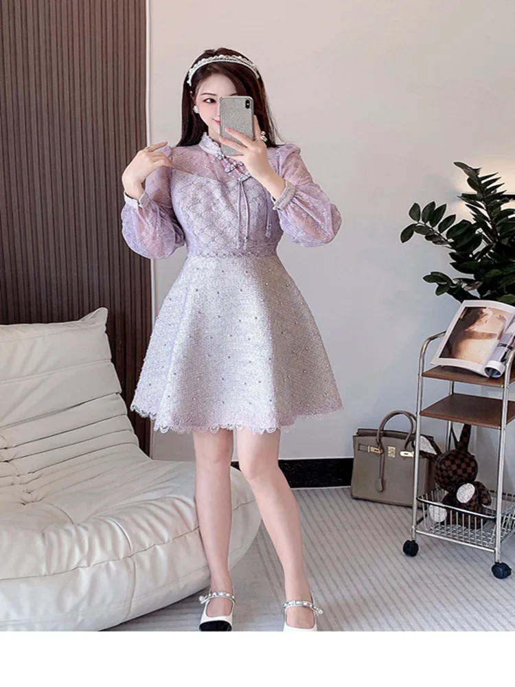 

DALMAZZO High Quality Vintage Fall Patchwork Tweed Woolen Slim Dress For Women Stand Neck Puff Sleeve Casual Vestidos 2023 New