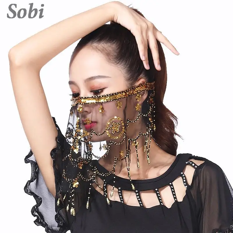 

Women Tribal Belly Dance Face Veil Mesh Sequin Veil for Indian Dance Halloween Costume Accessory Bollywood Princess Veils