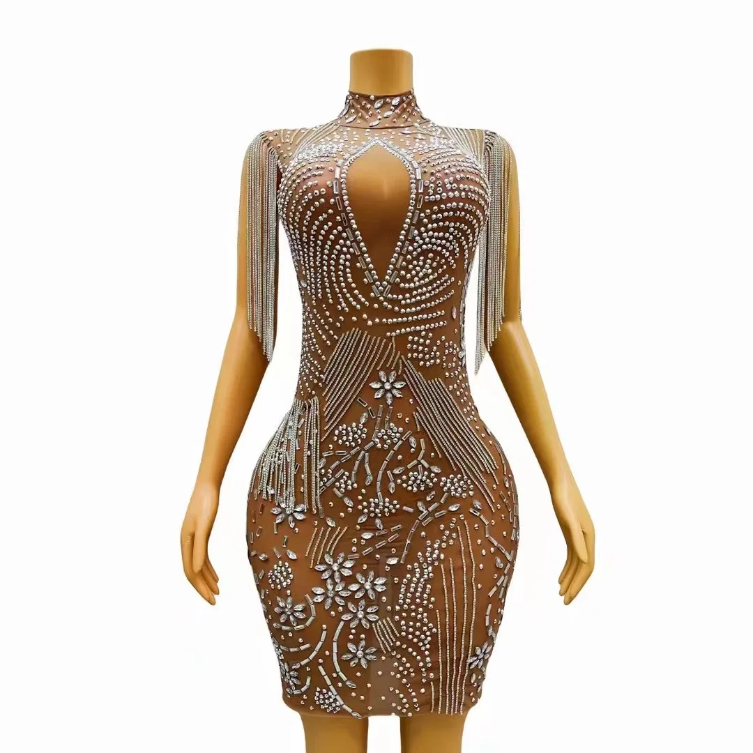 

Серебряные Кристаллы, бахрома, прозрачная сетка, искусственное платье, празднование дня рождения, женский сексуальный костюм jinghua