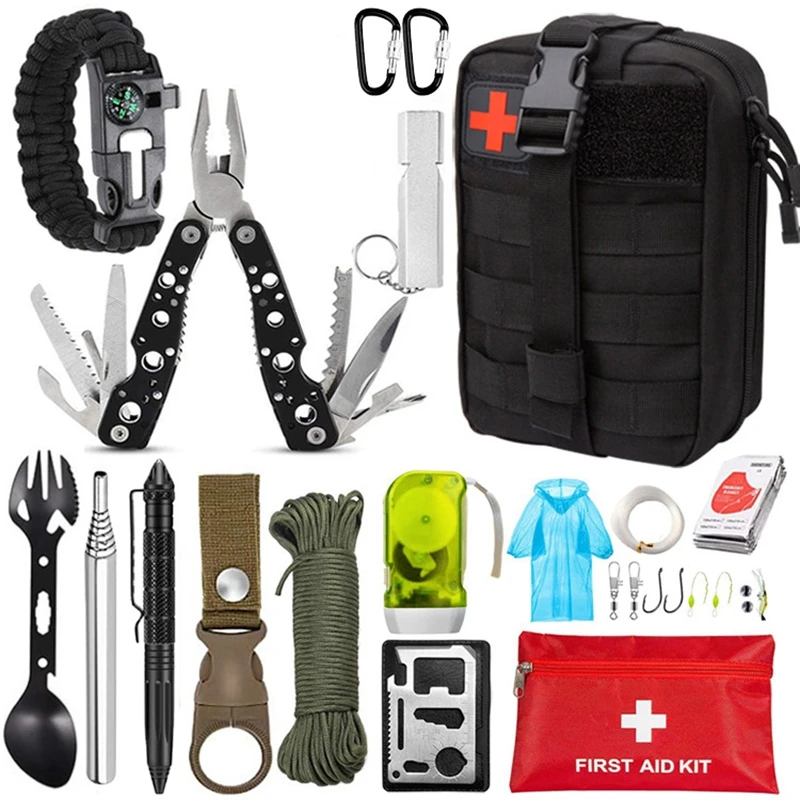 Kit de supervivencia de emergencia, 151 piezas de equipo de supervivencia,  kit de primeros auxilios, bolsa de trauma al aire libre con linterna