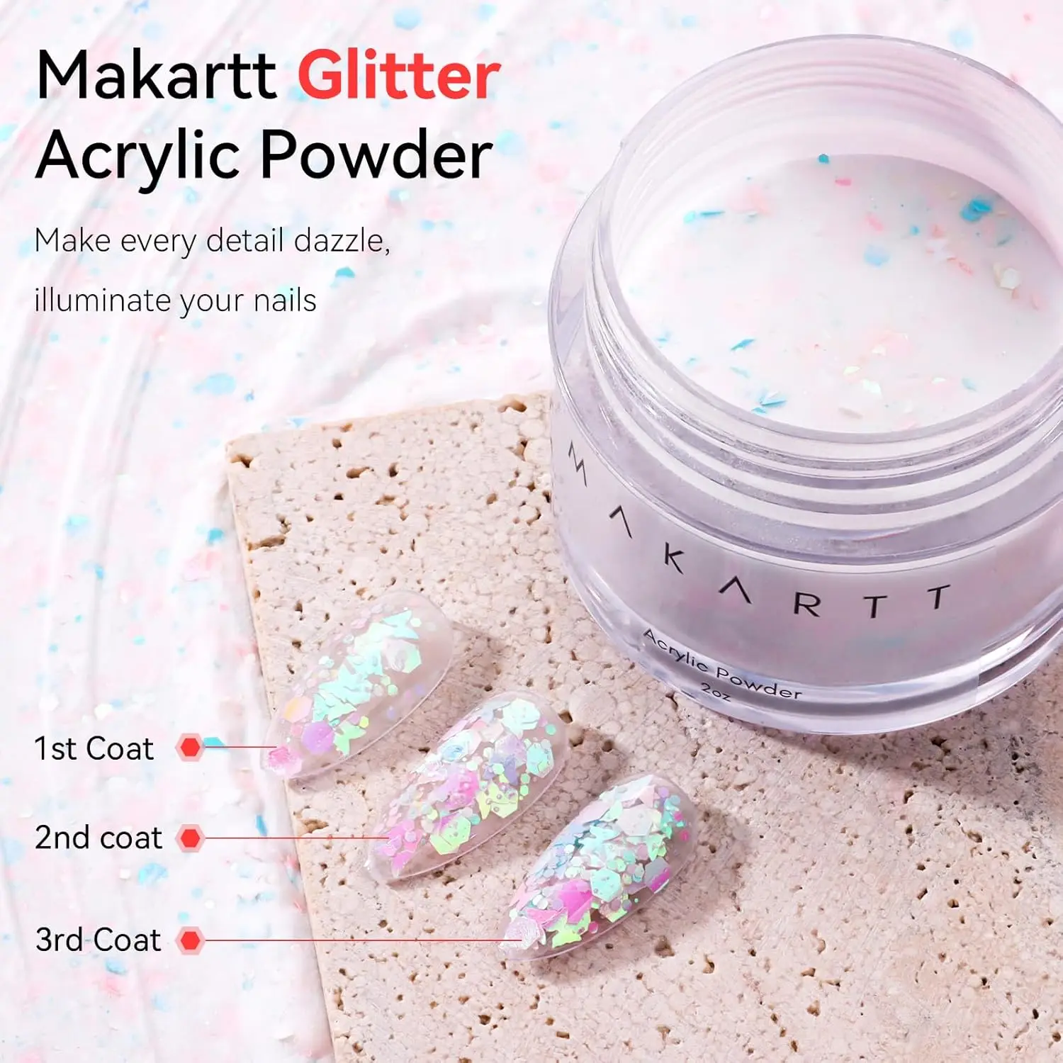 Makartt Acrylic Powder, 2oz Professional Pink Hexagon Glitter Acrylic Nail Powder for Nail Extension 3D Carving Sculpture French 2