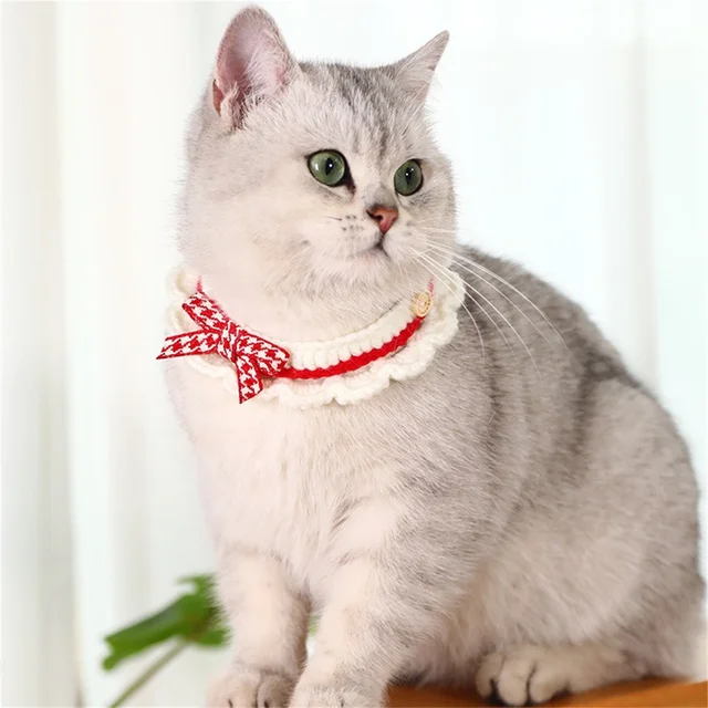 Cute Pet Cat Saliva Towel Hand-knitted Adjustable Kitten Cat Puppy Bow-knot Collar Pet Cat Decorative Collar Kitten Accessories 3
