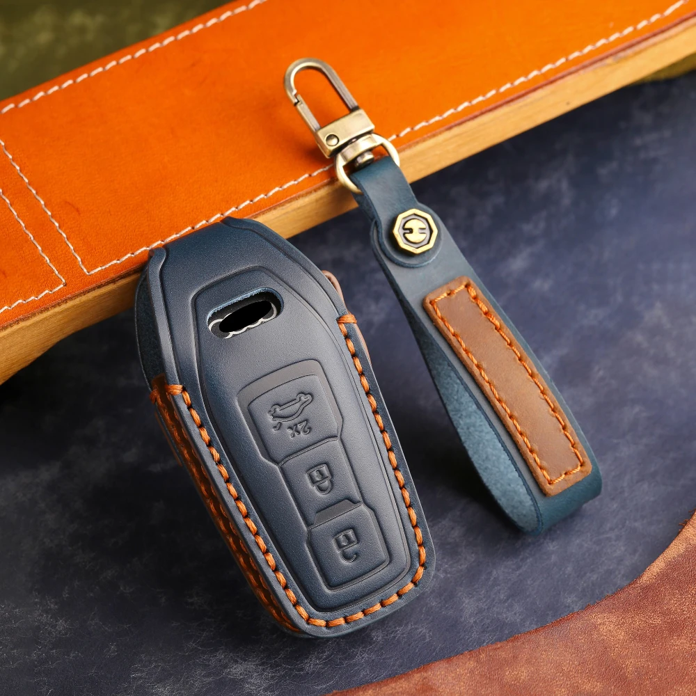 Premium Full Grain Leather Key Fob Cover with Detachable Strap and Anti-Scratch Protection
