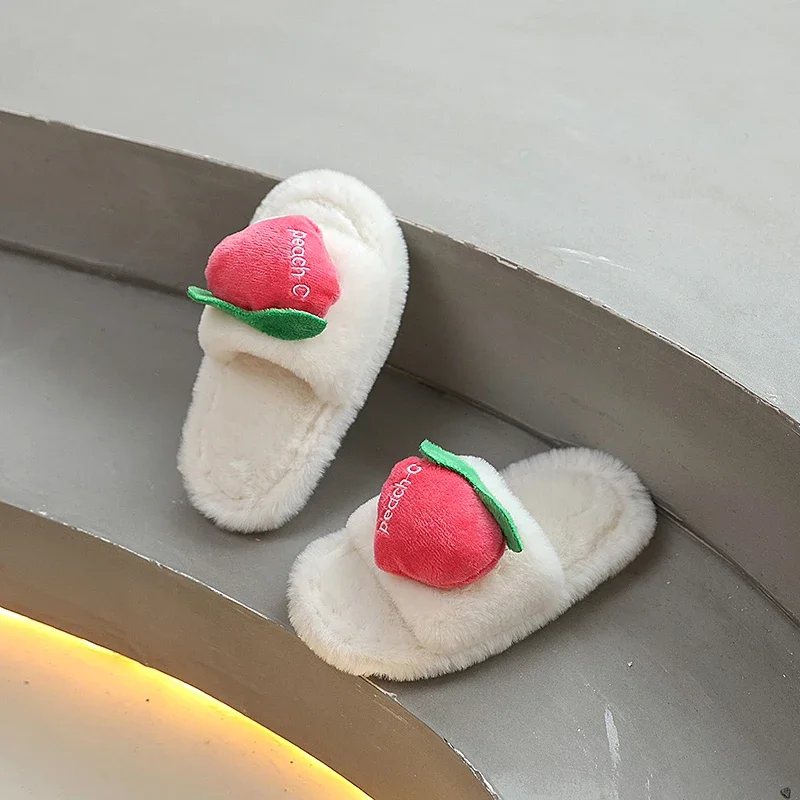 Winter Children's Plush Slippers New Cute Fruit Fashion Girls Warm Indoor Flat Slippers Causal Furry Kids Home Cotton Slippers
