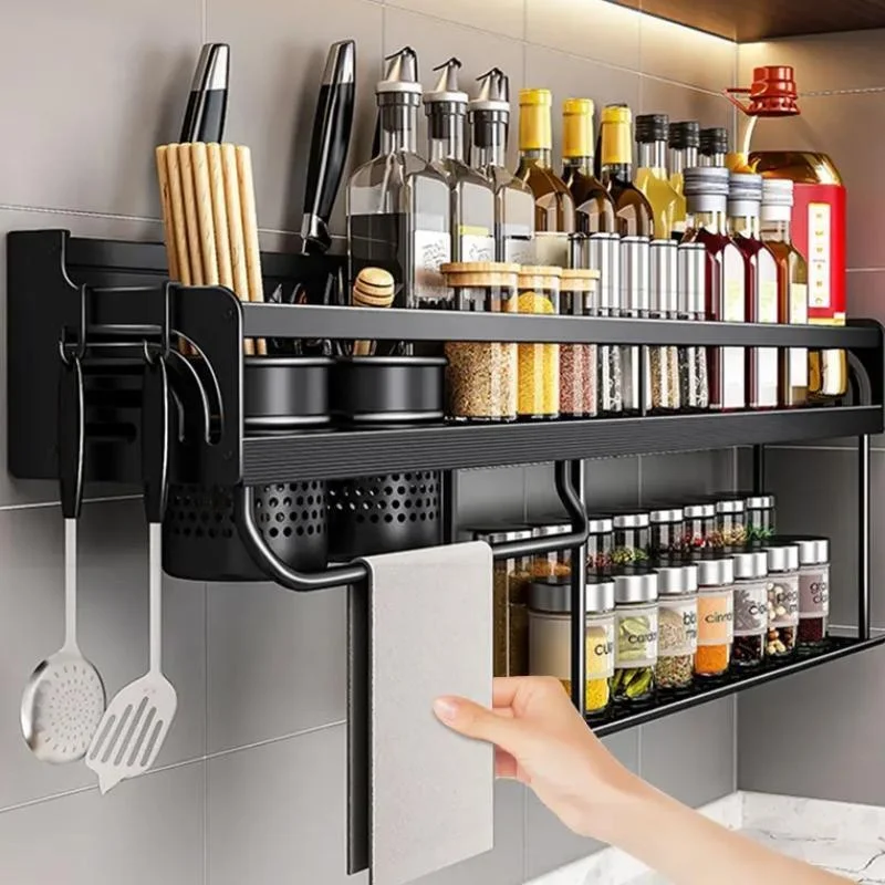 

50/40cm Double-layer Kitchen Shelf Wall-mounted Spice Storage Racks Kitchen Knife Holder Seasoning Shelf Punch-free Organizer