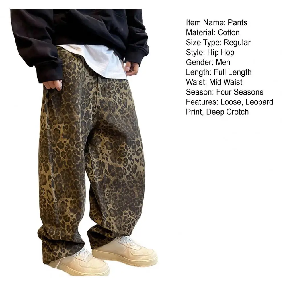 Description Picture 3 of itemHip-hop Style Pants Loose Fit Pants Leopard Print Hop Pants with Crotch Breathable Fabric for Men Stylish Retro Streetwear
