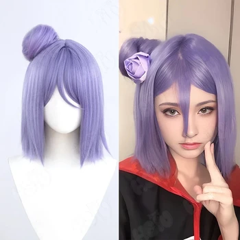 Parrucca cosplay Konan HSIU, capelli sintetici corti viola da 40 cm, resistenti al calore + cappuccio per parrucca