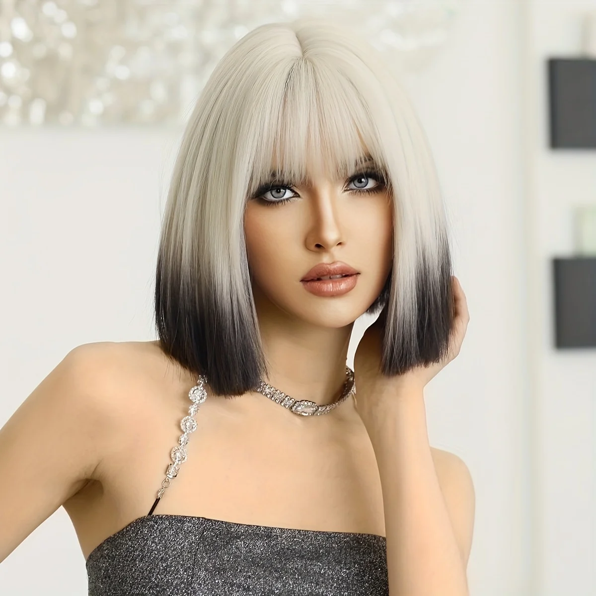 

Short Straight Ombre White Blonde with Black Bob Wig for Women Daily Party Natural Fashion Synthetic Black Hair Wigs with Bangs