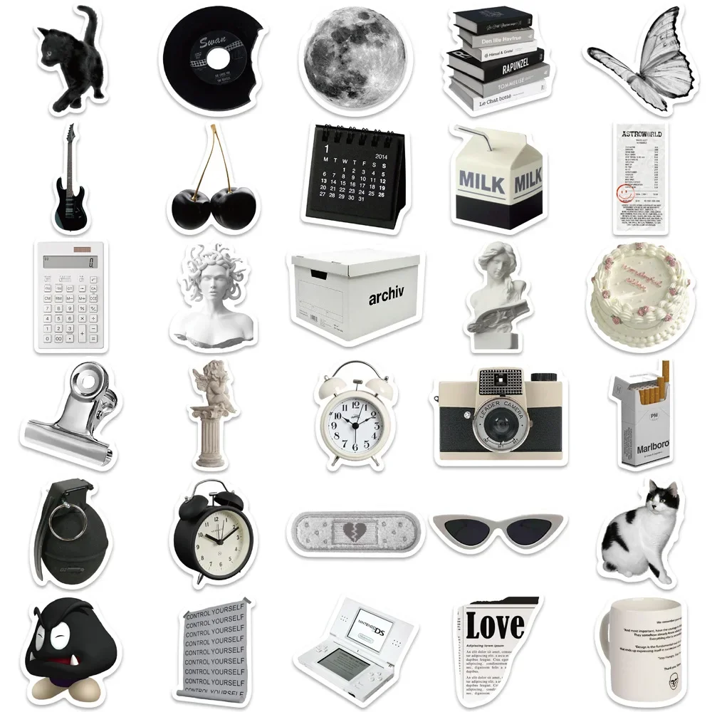 Decorative Stickers 10/30/60Pcs Retro Black Waterproof Graffiti Sticker Aesthetic Decorative Luggage Laptop Phone Fridge Scrapbook Kids Stickers