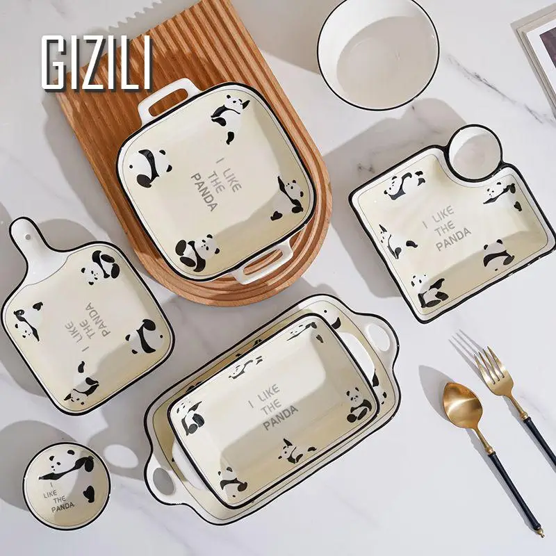Cute Panda Ceramic Dinnerware Food Plate Cartoon Dinner Plates Set Ableware Bowl Set Household Salad Bowl Kitchen Supplies