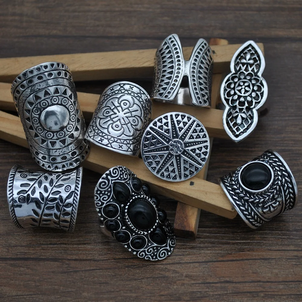 Ring Set Gold Color Rings Finger Ring Gold Color Ring Silver Ring Adjustable Rings Jewelry Accessories 8PCS Women Vintage Rings