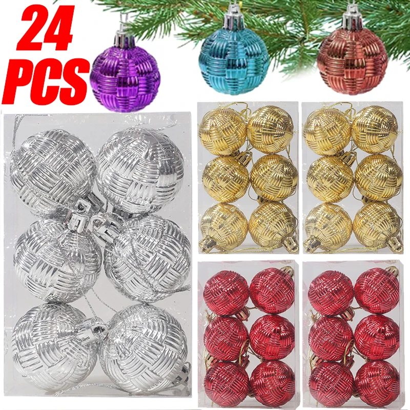 

12/24pcs Christmas Balls Woven Textured Decorative Ball Xmas Tree Pendant Hanging Ornaments Party Decoration Props New Year Gift