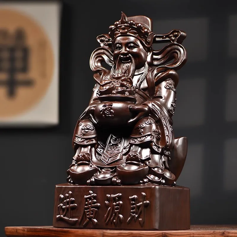 God of Wealth Statue Rosewood Carving Feng Shui Decor Home Altar/Office/Shop Housewarming/Grand Opening Gift Lucky & Prosperity