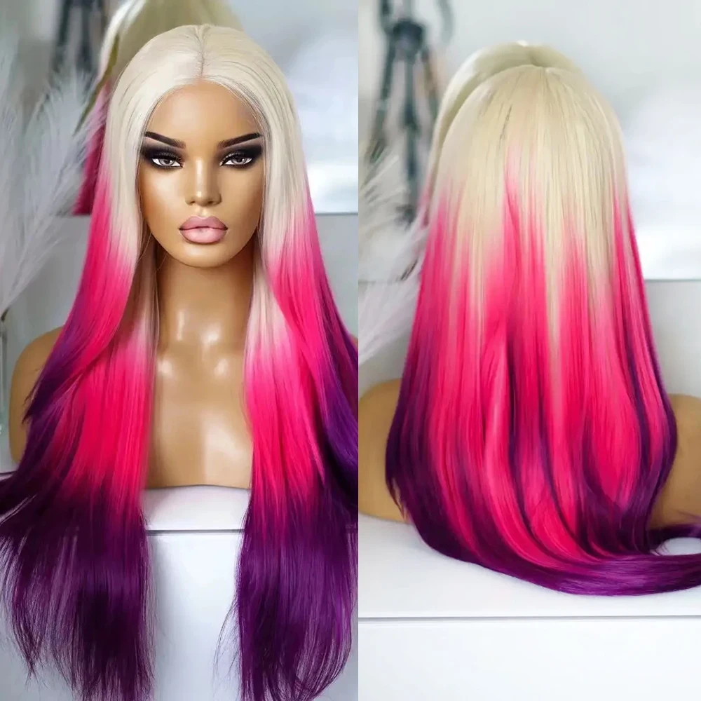 

Парик Харизма Омбре для женщин, синтетический кружевной передний парик, Длинные шелковистые прямые волосы, блонд, розовый, натуральные волосы для косплея