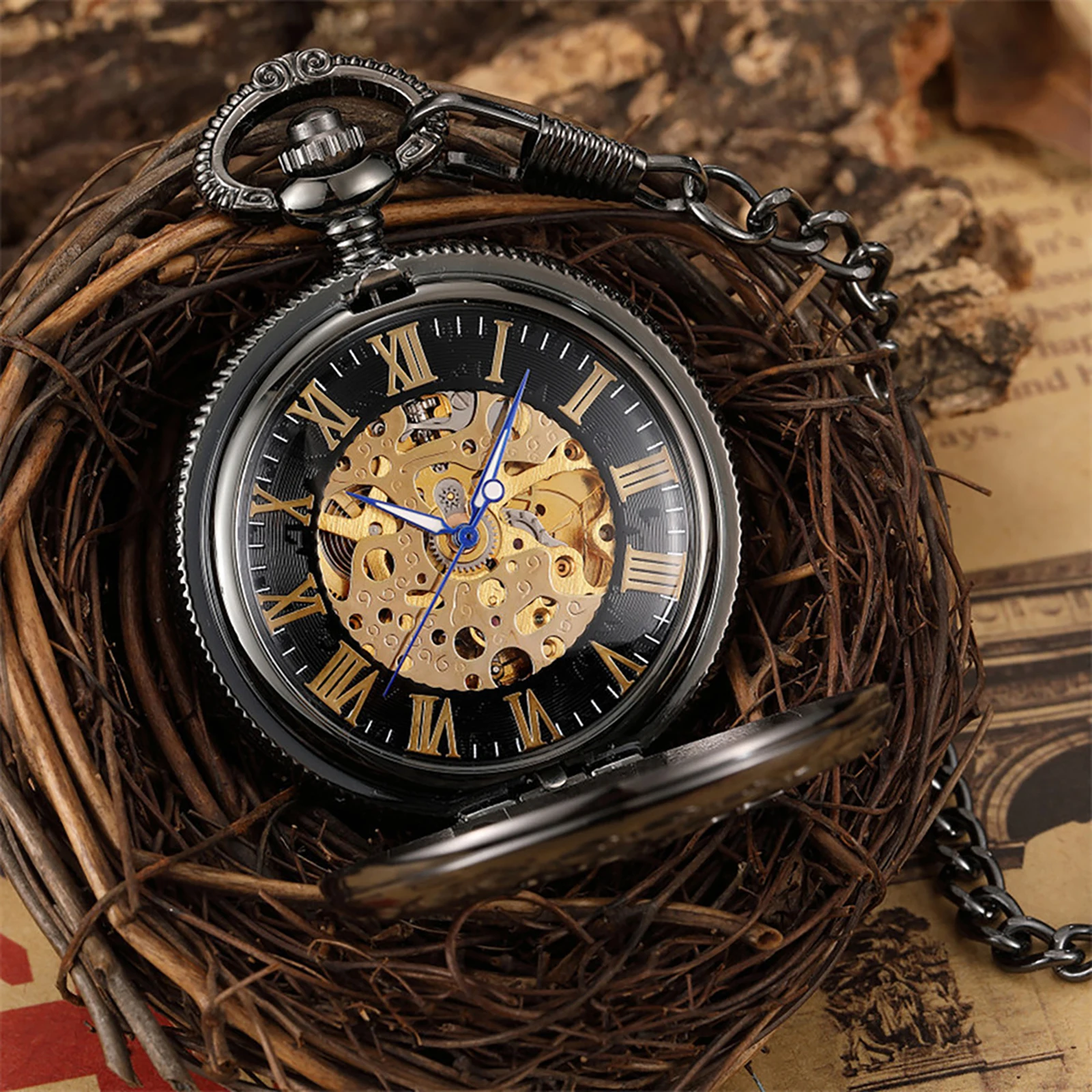 

Retro Skeleton Pocket Watch Men Women Unisex Mechanical Hand-winding Vintage Roman Numerals Necklace Steampunk Watch