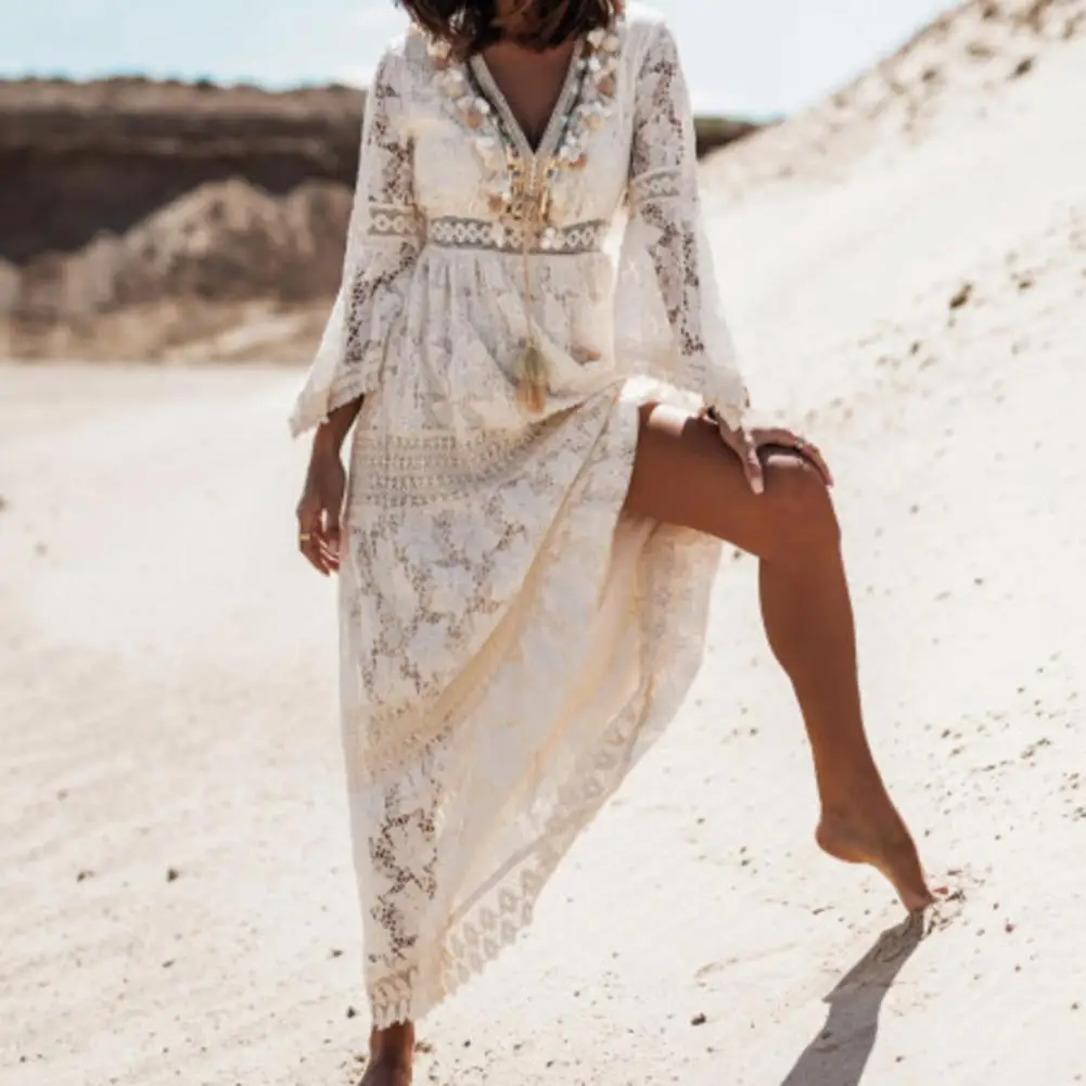 

Женское длинное кружевное платье-макси в стиле бохо, летнее пляжное праздничное белое свадебное платье, Дамский Ретро сарафан с V-образным вырезом, женская одежда