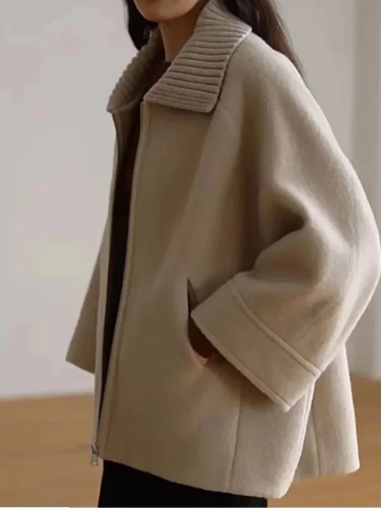 

Women Coat Turn-down Collar Zipper Casual Loose Wool Jacket 2023 Autumn Winter