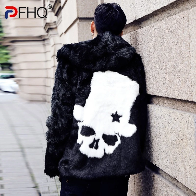 PFHQ Men's Faux Fur Coat Tide Skull Pattern Hooded Jackets