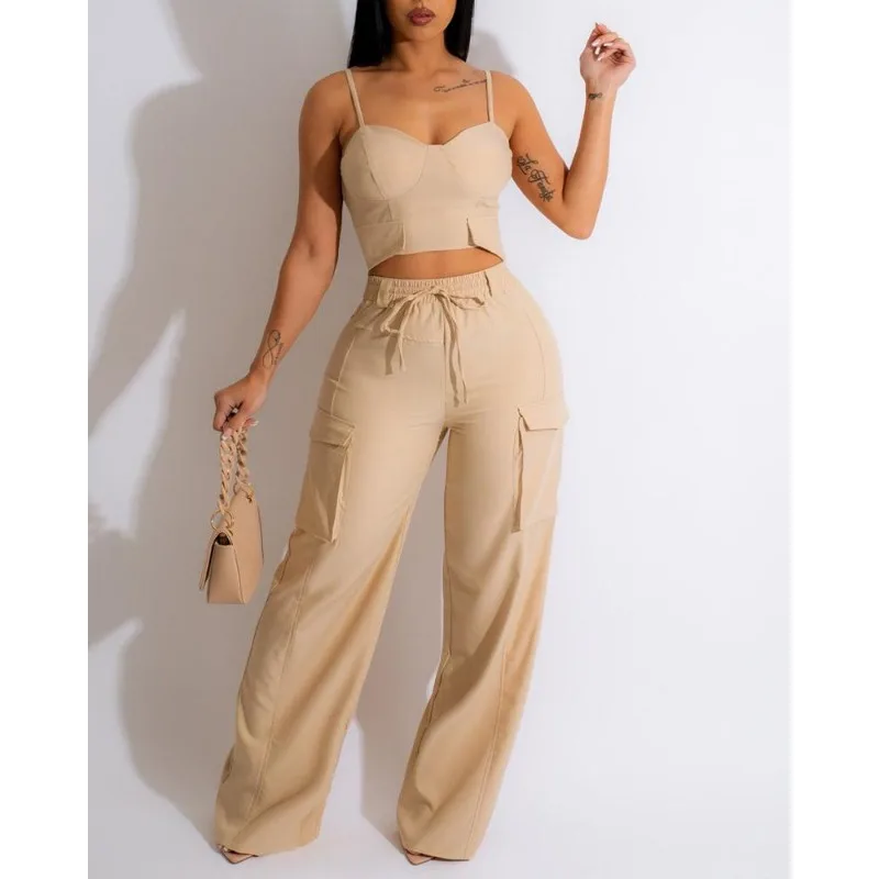 

2024 Spring Summer New Women's Solid Color Temperament Camisole Top Tooling Wide Leg Trousers Suit