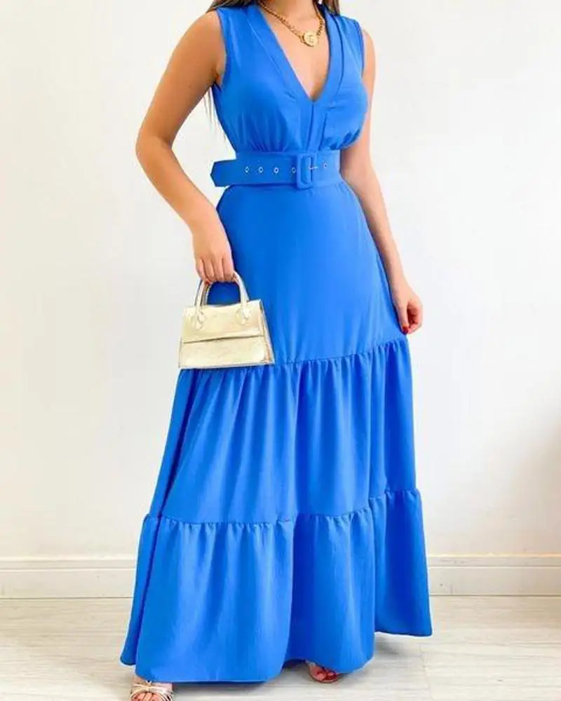 

2023 Spring/Summer Women's Temperament Elegant Maxi Dress, Sleeveless Deep V Neck Blue Casual Long Dress - With Belt