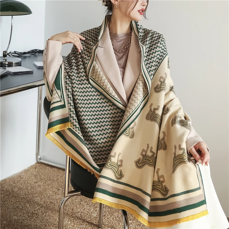 

Luxury Cashmere Scarf Winter New Women 2022 Brand Horse Print Pashmina Shawls Wraps Thick Warm Female Blanket Scarves Stoles