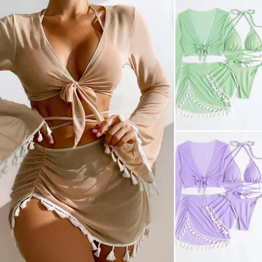 Women Swimsuit Stylish 4pcs Women's Bikini Set with Flared Sleeve Cover Up Halter Bra High Waist Skirt Solid Color for Beach - Image 3