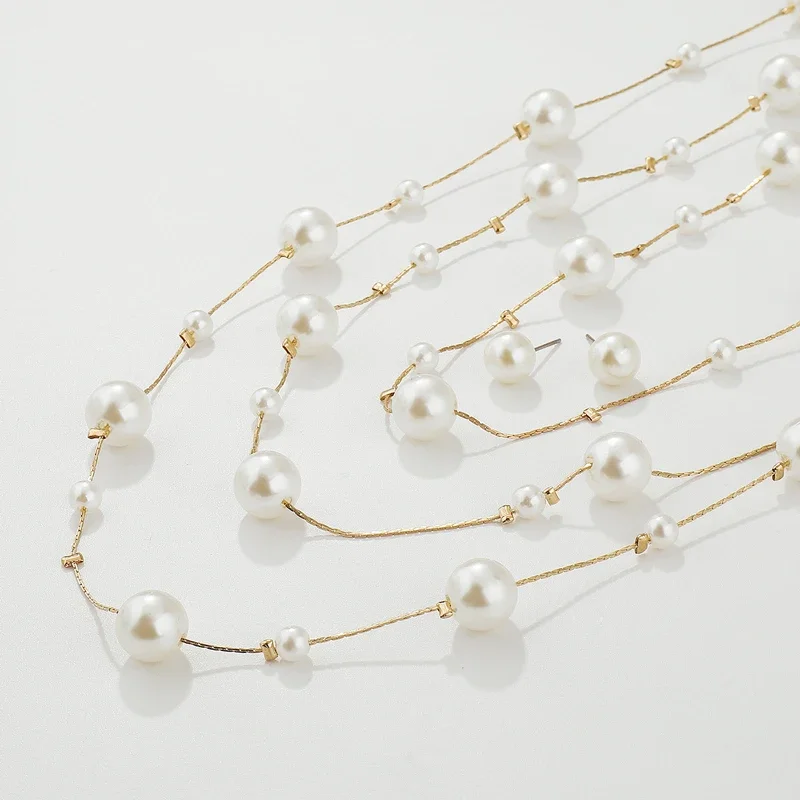 Gold Multi-layer Tassel Women's Necklace Lmitation Pearl Earrings Luxury Cold Style Clavicle Chain For Women Jewelry Accessories