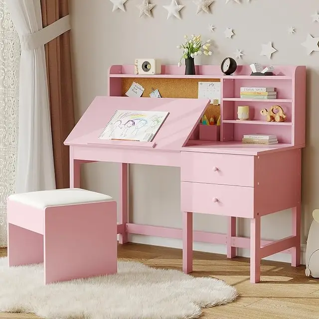 Adjustable Kids Desk and Chair Set-Wooden Study Table with Tilt Desktop,Hutch,Drawers,Cork Board & Padded Stool for Boys Girls