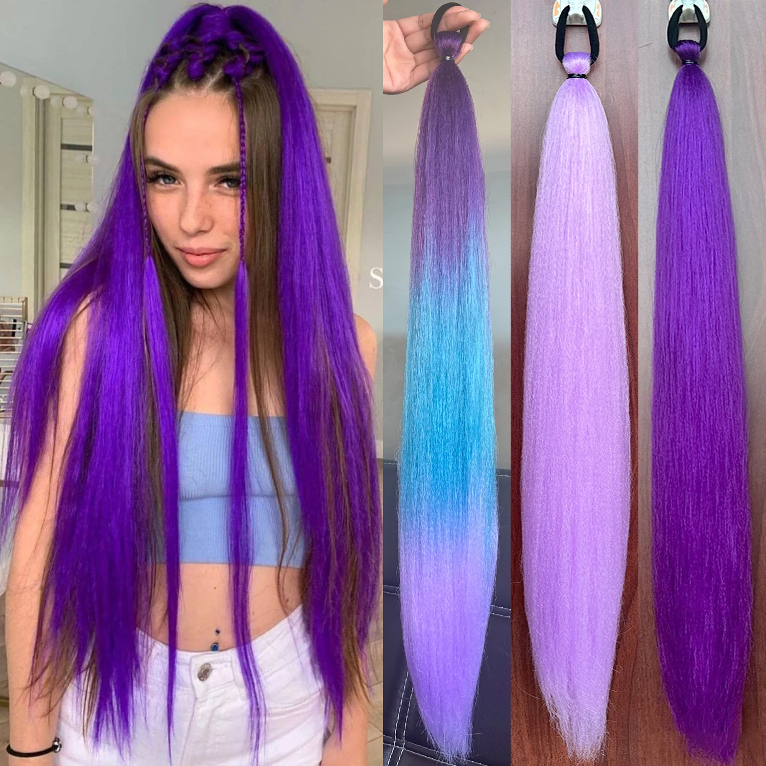 Synthetic Purple Ponytail Extension Rubber Band Long Straight DIY Braided Pony Tail Hairpiece Women Hair Accessories