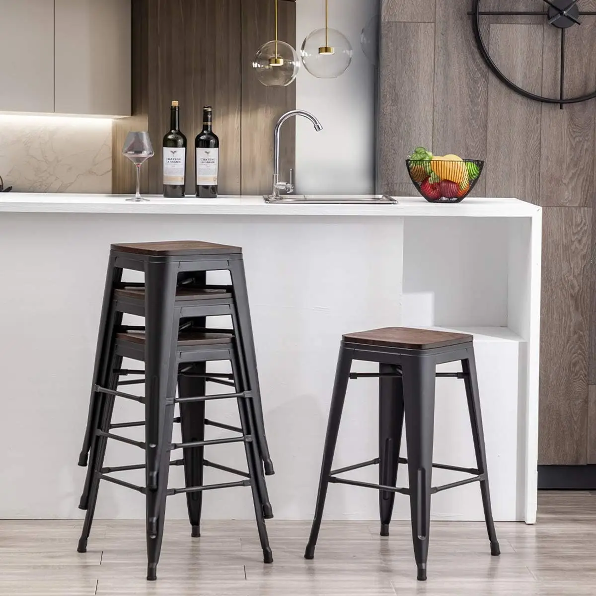 30" Metal Bar Stools Set of 4 Stackable Counter Height Barstools Backless Industrial Kitchen Bar Chairs with Wooden Seat-Matte