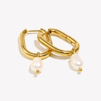 E.B.belle Waterproof Tarnish Free Jewelry Stainless Steel Gold Plated U Shape Freshwater Pearl Charm Hoop Ring Earring For Woman