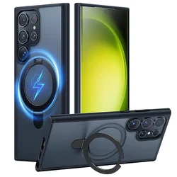 Magnetic Mobile Phone Case with Ring Kickstand and Translucent Matte Back Cover for S26 Ultra (Black Case)