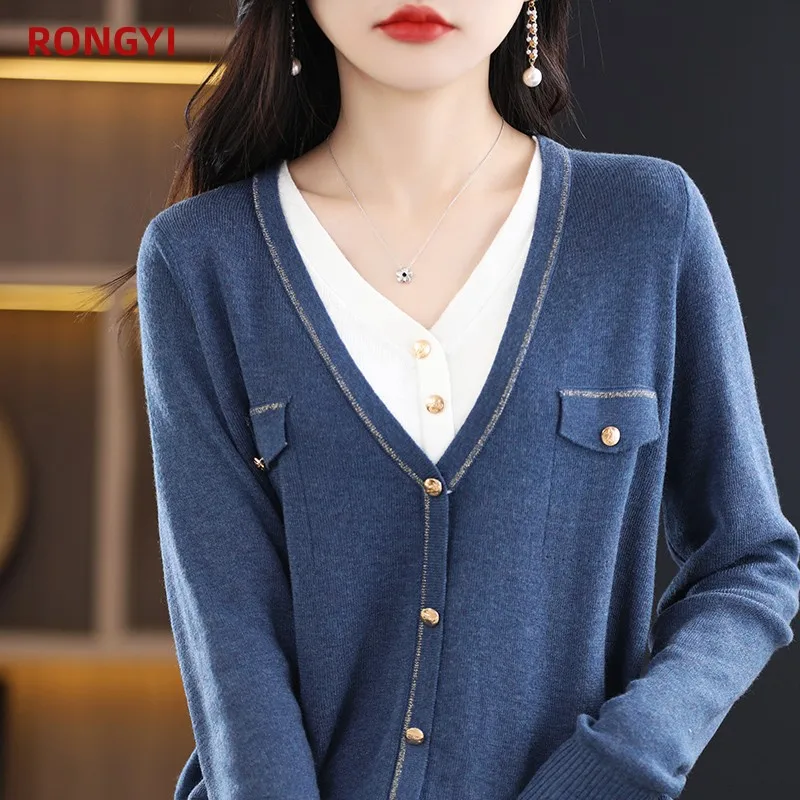 

RONGYI 100% Wool Spring And Summer New Thin Worsted Cardigan Fake Two Casual Knitted Commuter Color Matching Tops