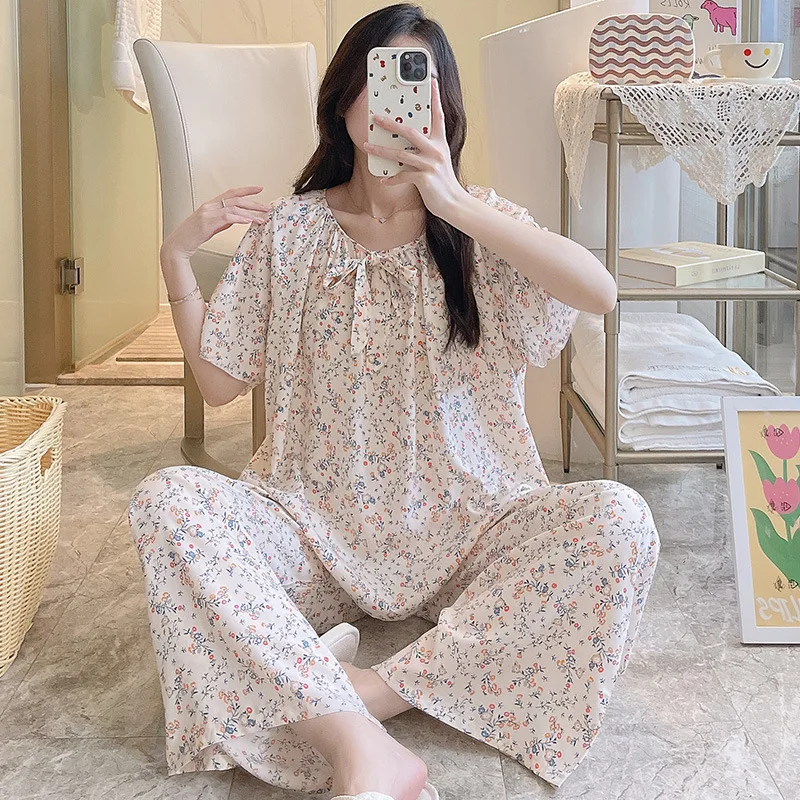 Round Neck Frenulum Lounge Clothing Thin Cotton Silk Nightgown Short Sleeve Long Pants Pajamas Two-piece Set Female Home Wear