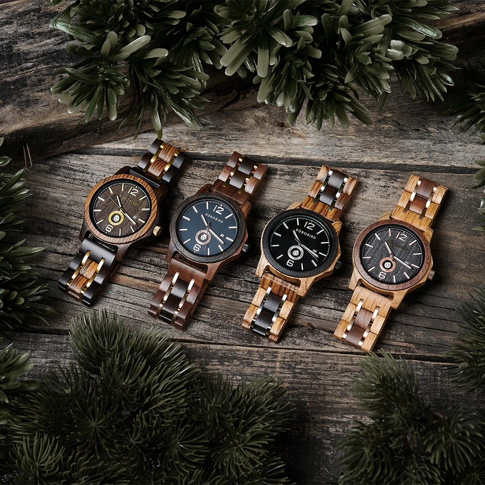 Men Wooden Watch Japanese Movement Top New Design BOBOBIRD Quartz Wristwatch Simple Week Date Display Custom Engraving Gift Box