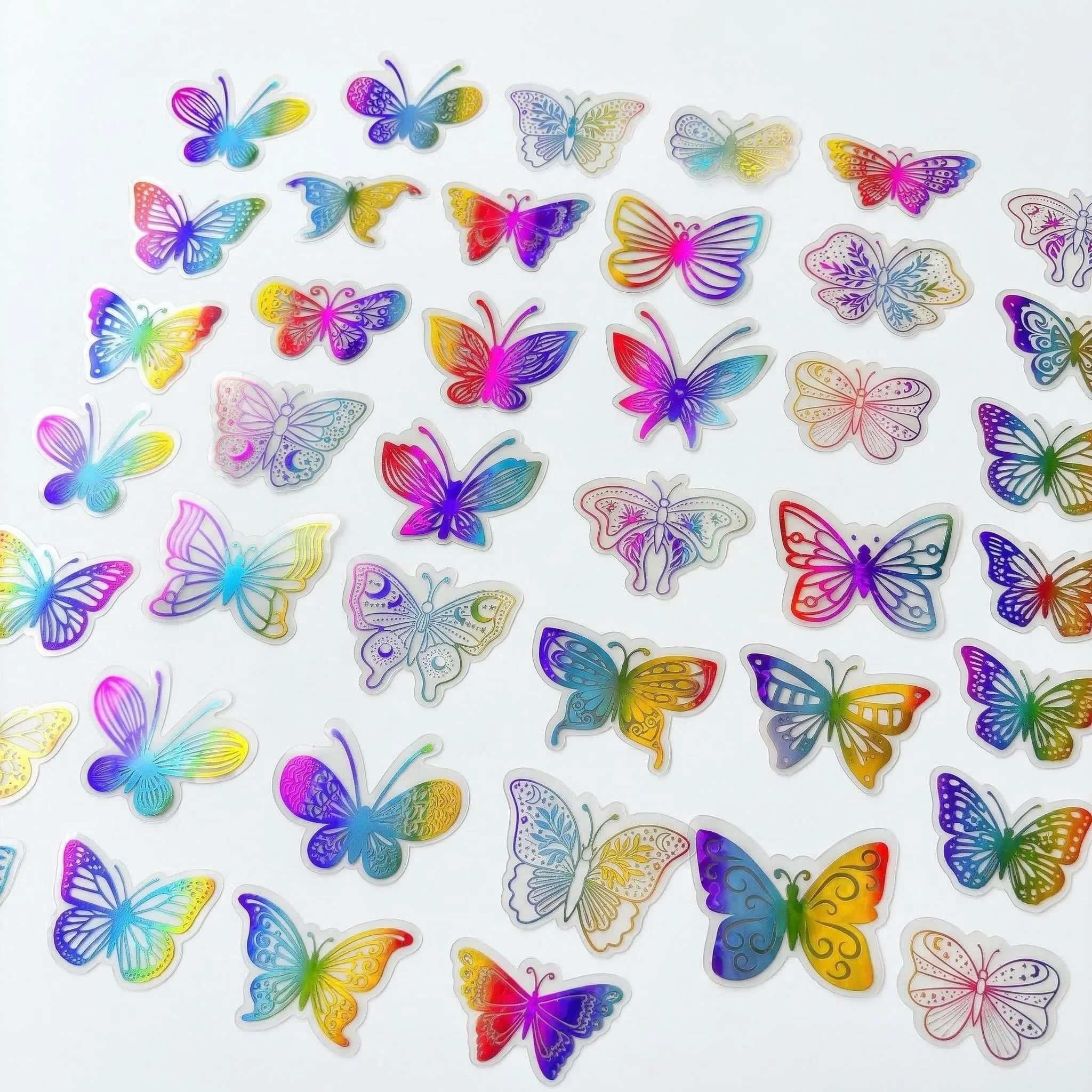 44팩 레인보우 나비 스티커 투명 PET 홀로그램 미적 디칼 플래너 노트북 스크랩북 장