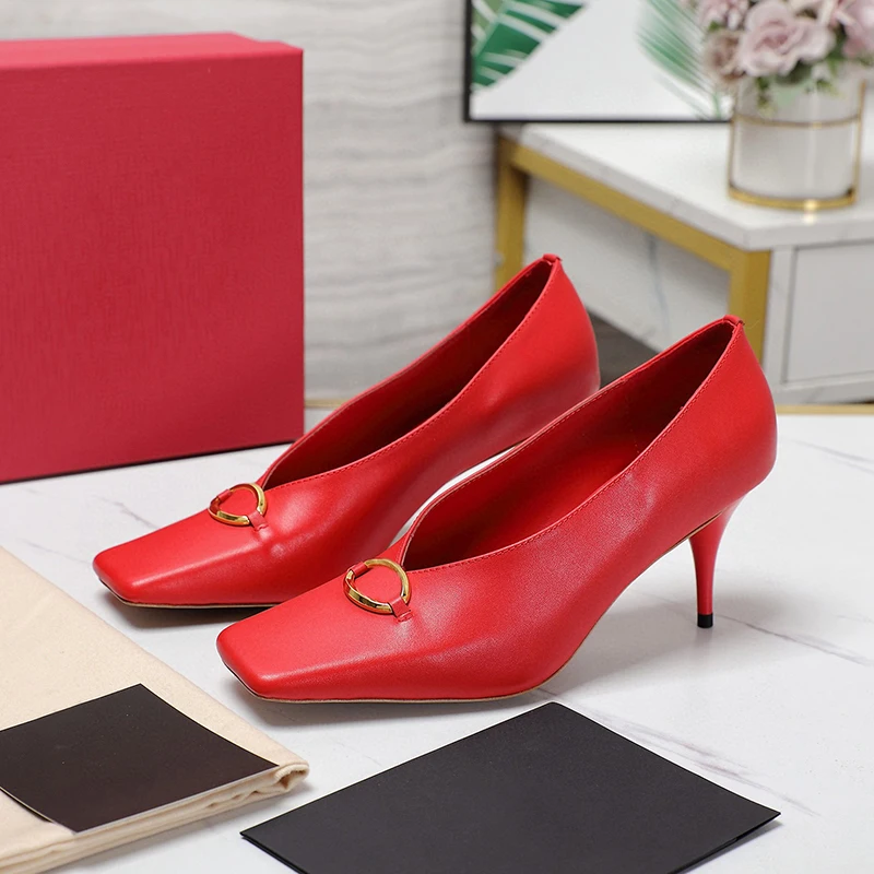 

Summer New Elegant Female Pumps Metal Circle Decor Banquet Women High Heels Genuine Leather Material Square Toe Single Shoes